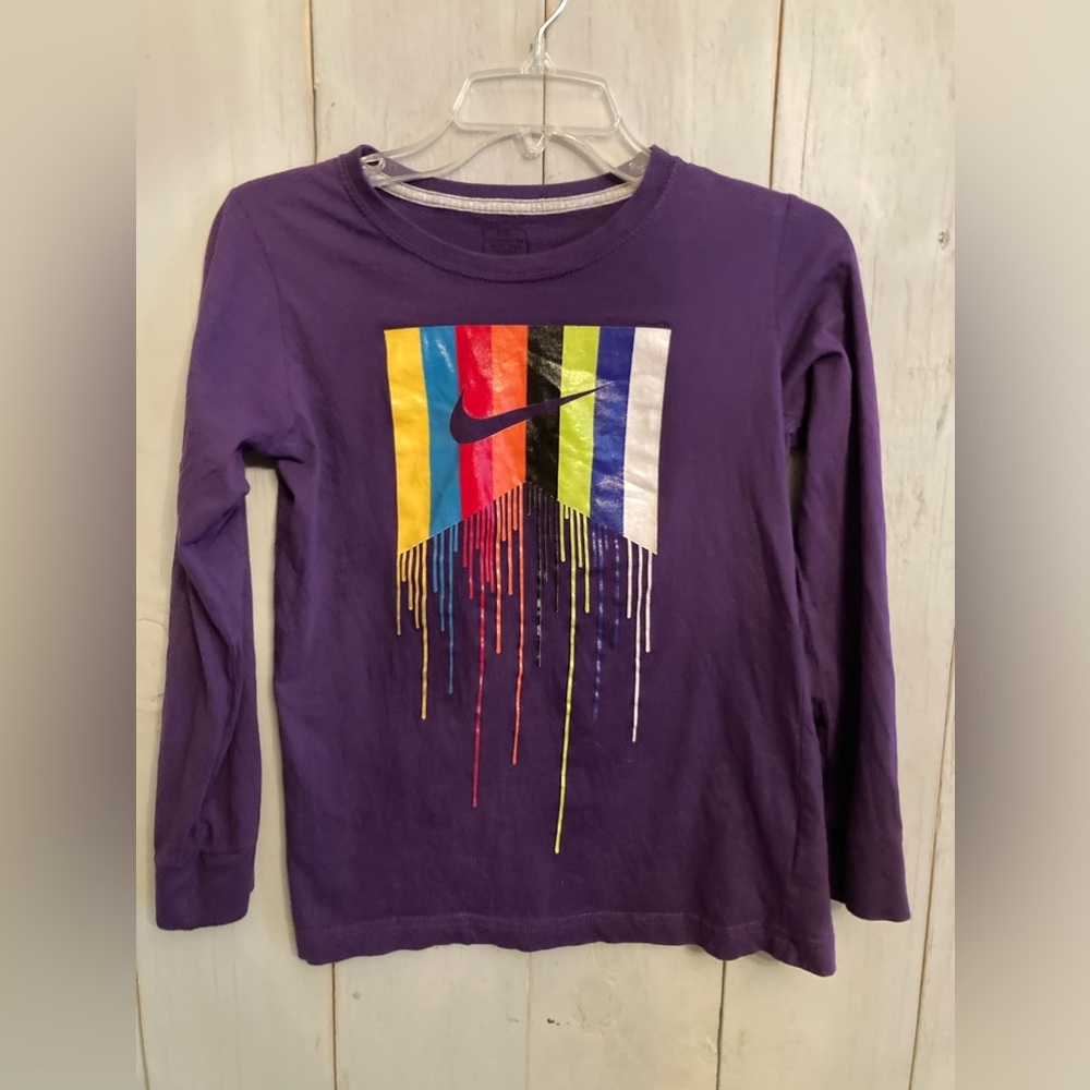 NIKE Size M (10-12) Girls‎ Purple 100% Cotton Long Sleeve Fitted Athletic Top